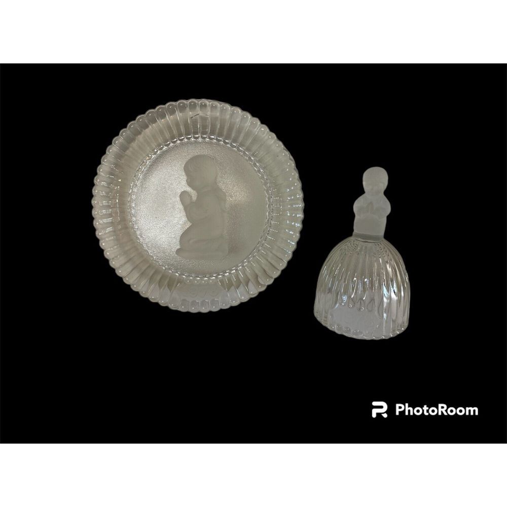Vintage Goebel 1978 Collector Plate and Bell Set Praying Girl Etched Glass